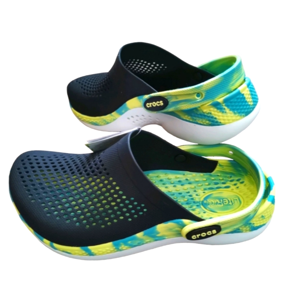 Crocs Literide 360 Marbled Clogs J6 Black/Yellow/Bluish Gray/ White